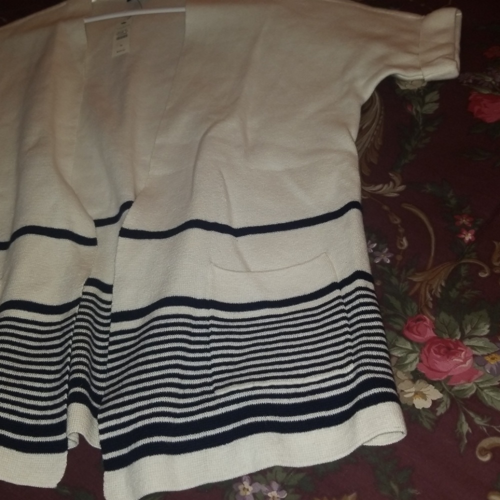 Talbots White Navy Stripe Short Sleeve Cardigan